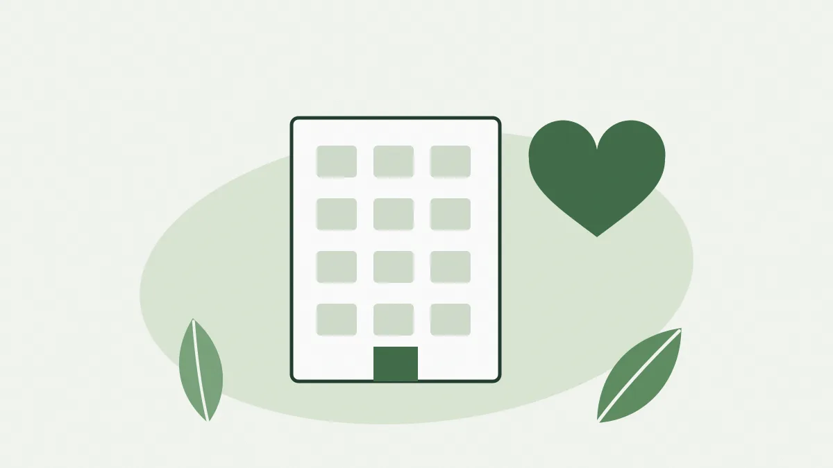 Un immeuble de bureaux dessiné au trait à côté d'un cœur vert forêt et d'une feuille