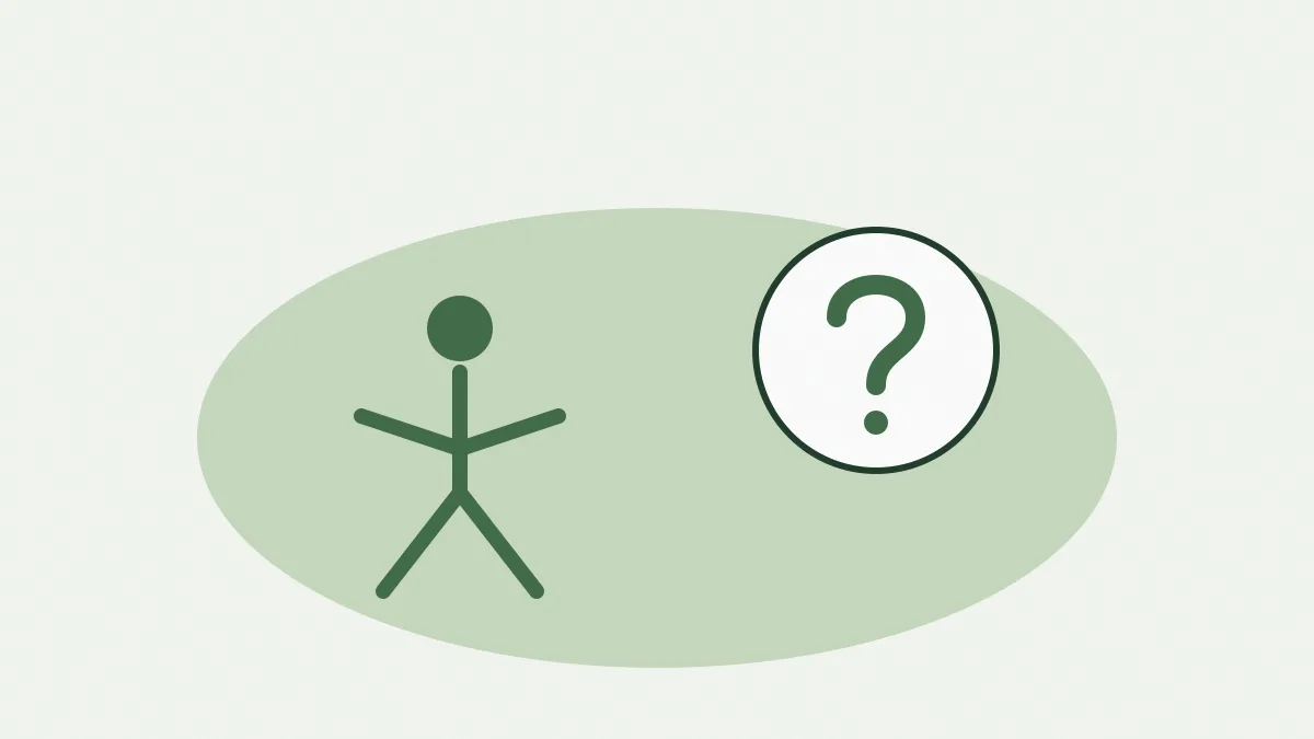 Une silhouette en posture de yoga dessinée au trait à côté d'un point d'interrogation vert