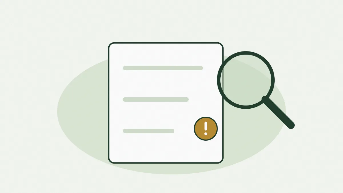 Une loupe dessinée au trait au-dessus d'une liste de trois lignes, dont une marquée d'un point d'exclamation