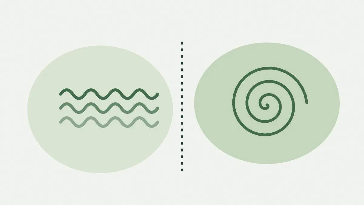 Des vagues vertes d'un côté, une spirale dessinée au trait de l'autre, séparées par un trait pointillé