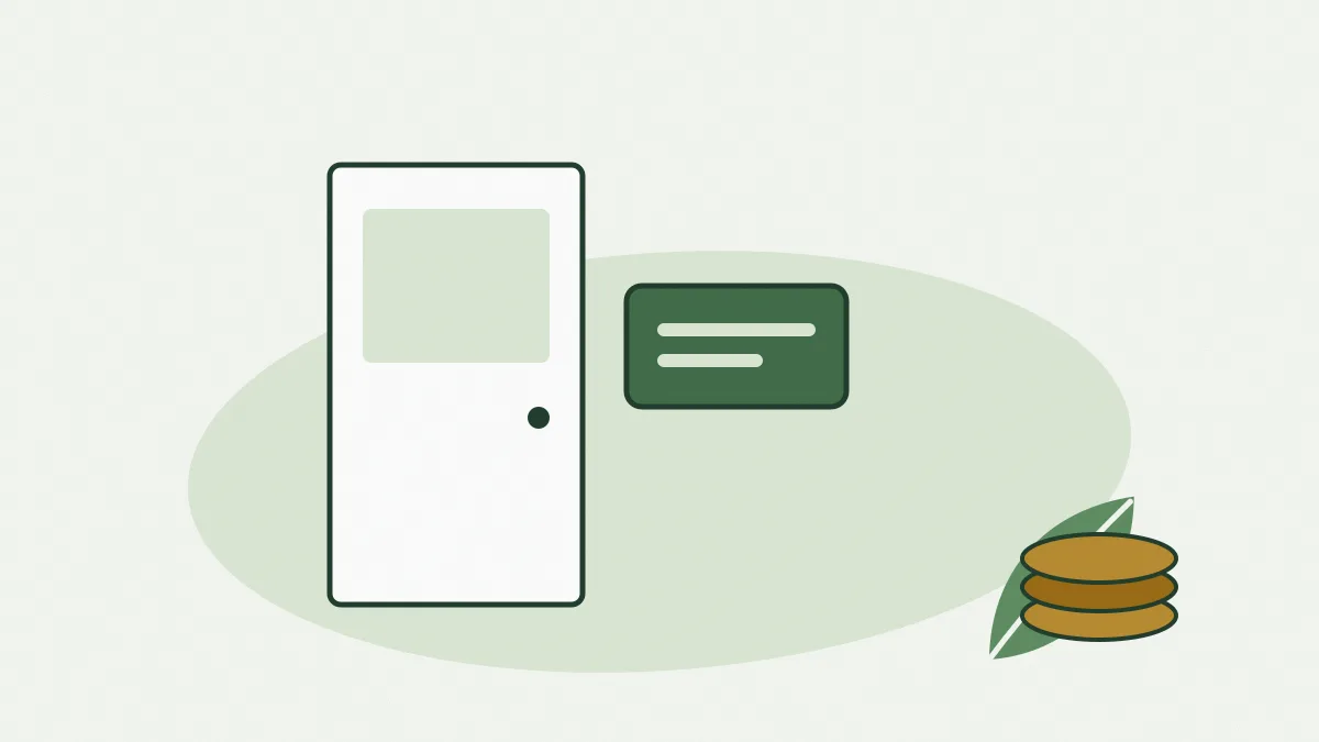 Une plaque de cabinet dessinée au trait, accrochée à côté d'une porte, avec une feuille verte