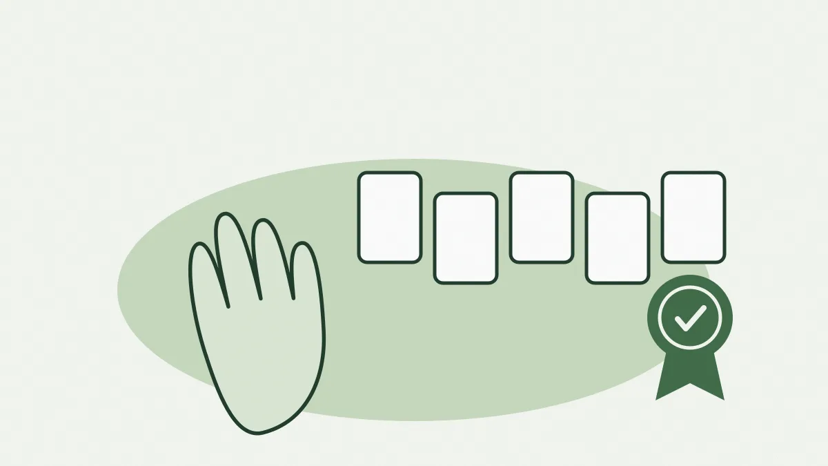 Une main dessinée au trait à côté de cinq cartes alignées et d'un sceau vert
